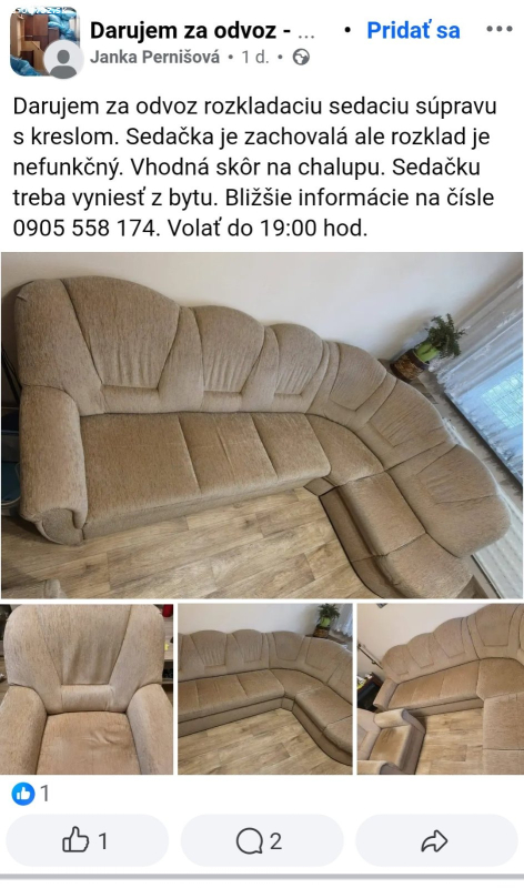 Darujem za odvoz sedaciu supravu